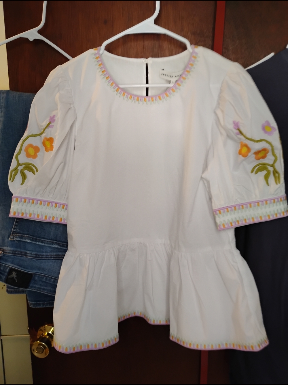 English Factory White Peplum Tunic with Yellow & Purple Floral Embroidery